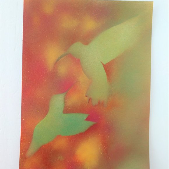 Handmade Abstract Painting of Two Green Hummingbirds In Flowers on 15x11 paper - Picture 9 of 14